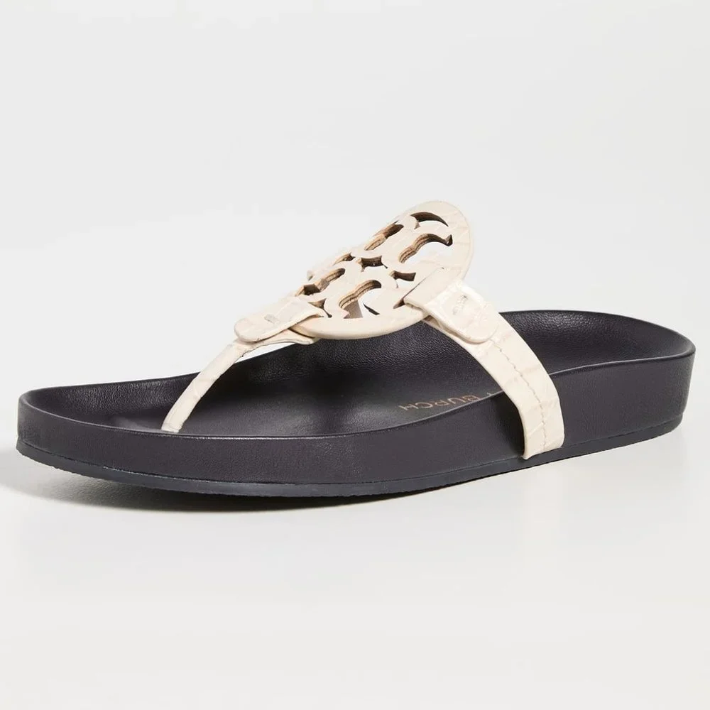 Tory Burch CROC EMBOSSED Miller Cloud Leather Thong Slides New Ivory Cream Navy - Picture 2 of 7